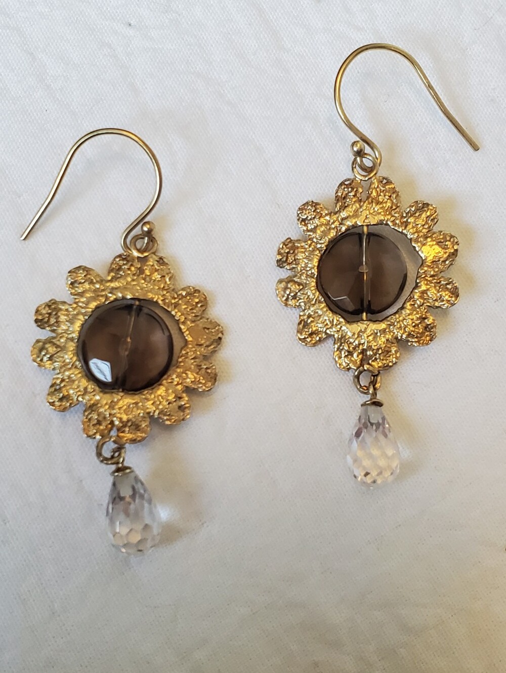 Vintage Gold Sterling Silver Sunflower Drop Earrings with Smoky Quartz